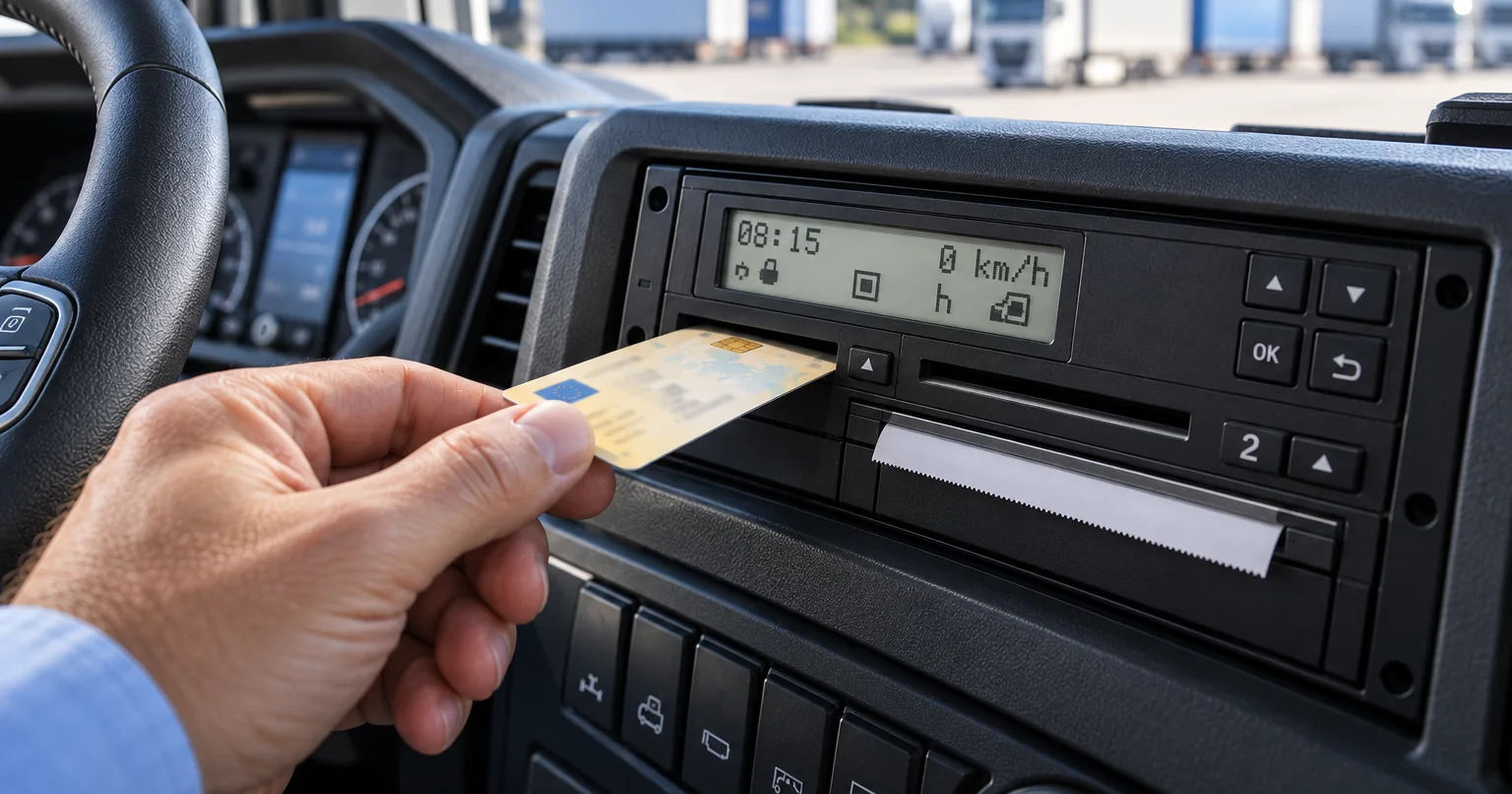 Inserting a company card into a digital tachograph in a truck cab