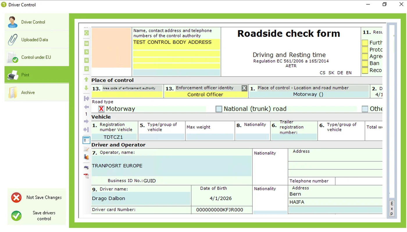 Roadside check form – TAGRA Control output ready for enforcement